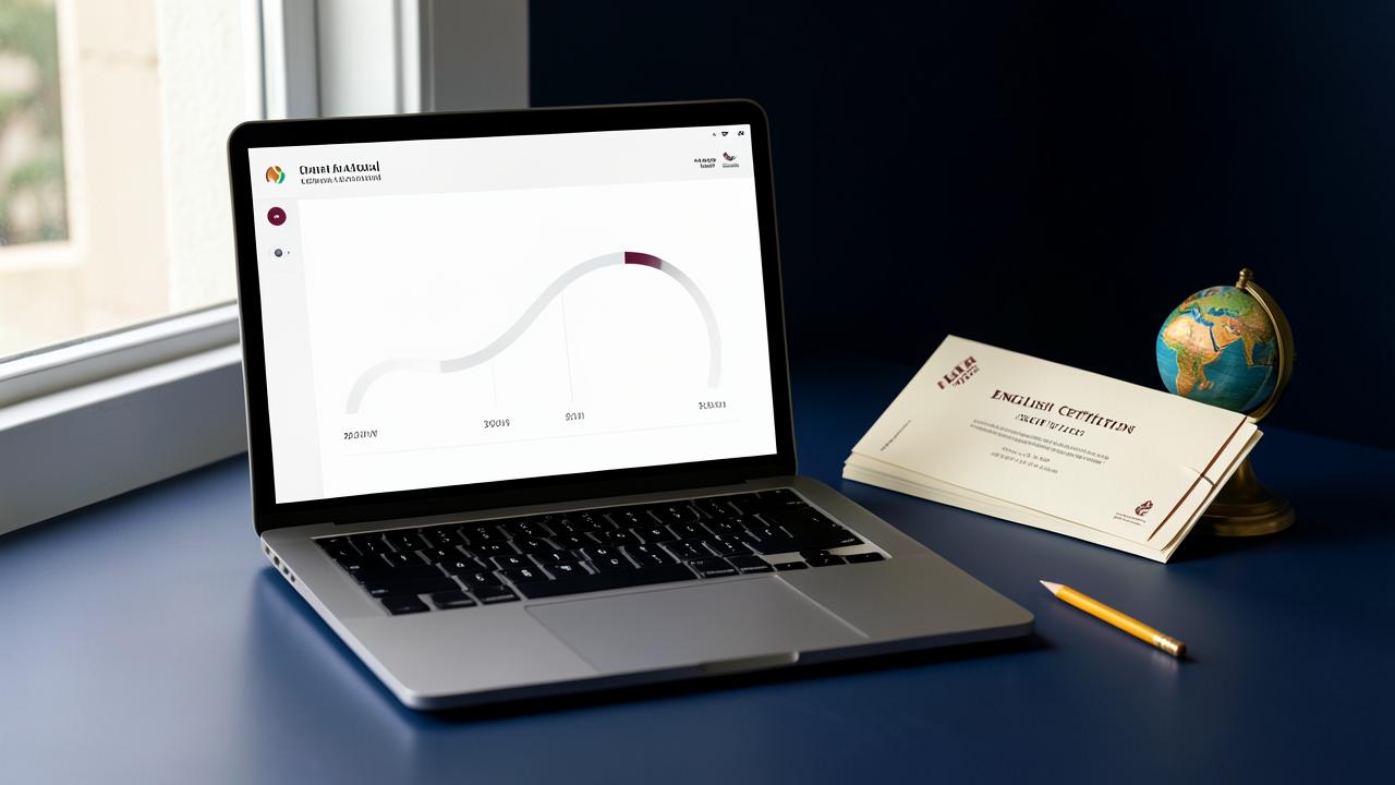 Computer, certificati e globo per la certificazione di inglese online