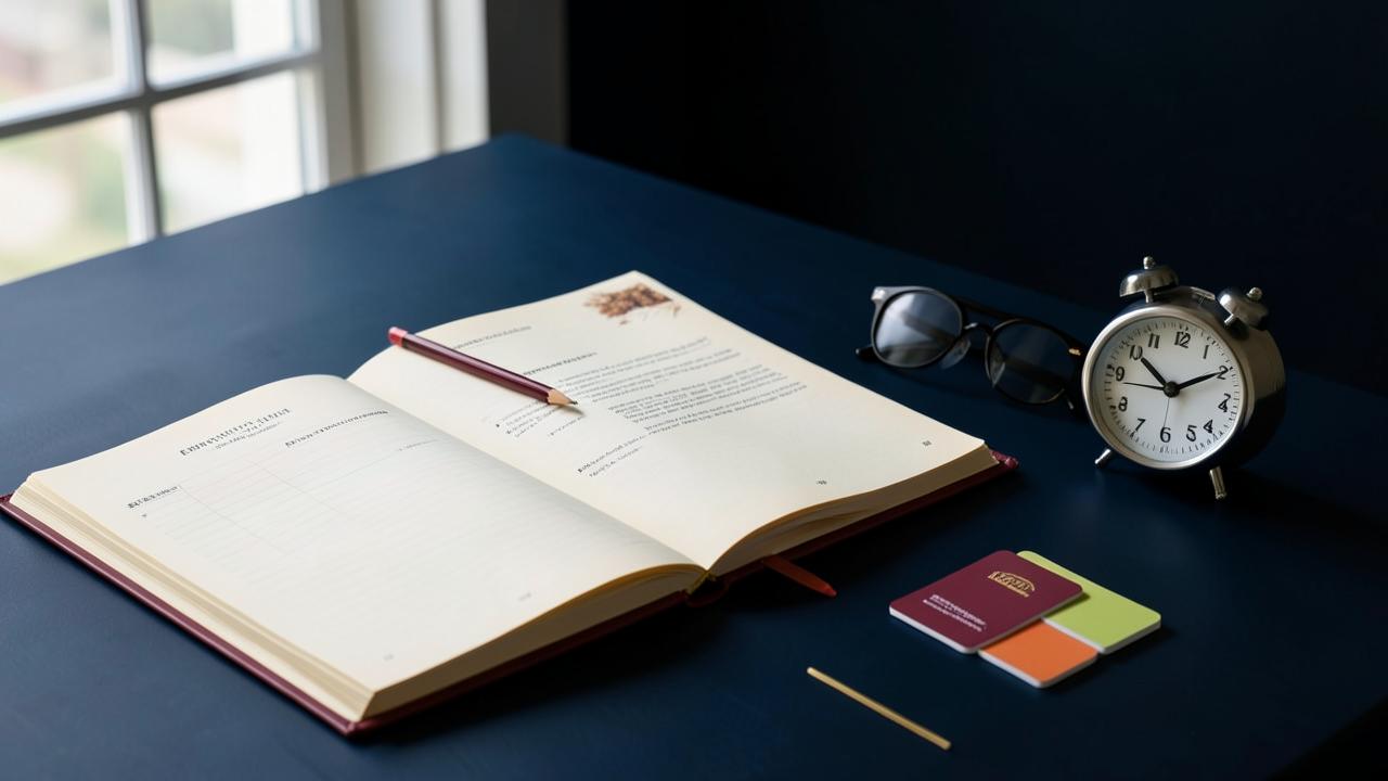 Scrivania organizzata con quaderno, matita, occhiali e timer per lo studio
