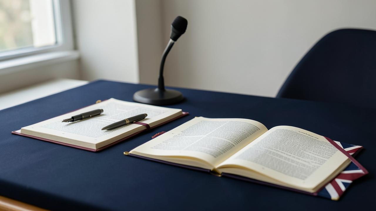 Libri aperti e microfono preparati per un seminario di inglese