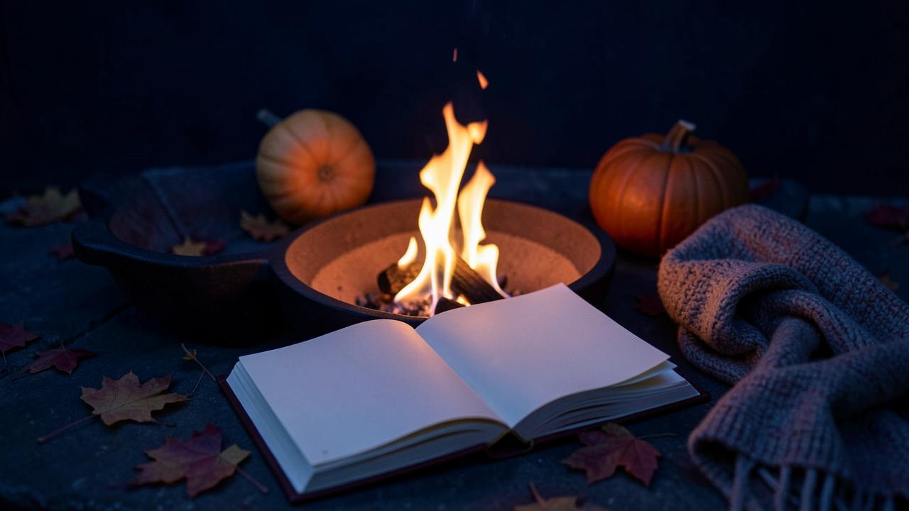 Libro aperto, zucche e coperta accanto al fuoco per Halloween